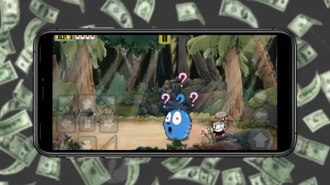 Cuphead on a phone, money in the background