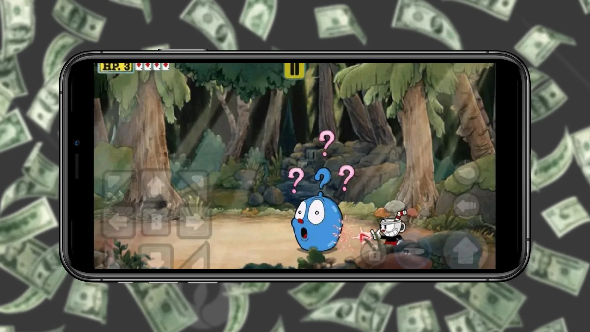Cuphead on a phone, money in the background